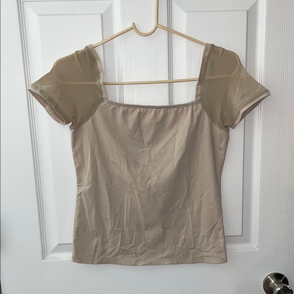 Chic Beige Women's Blouse with Mesh Sleeves